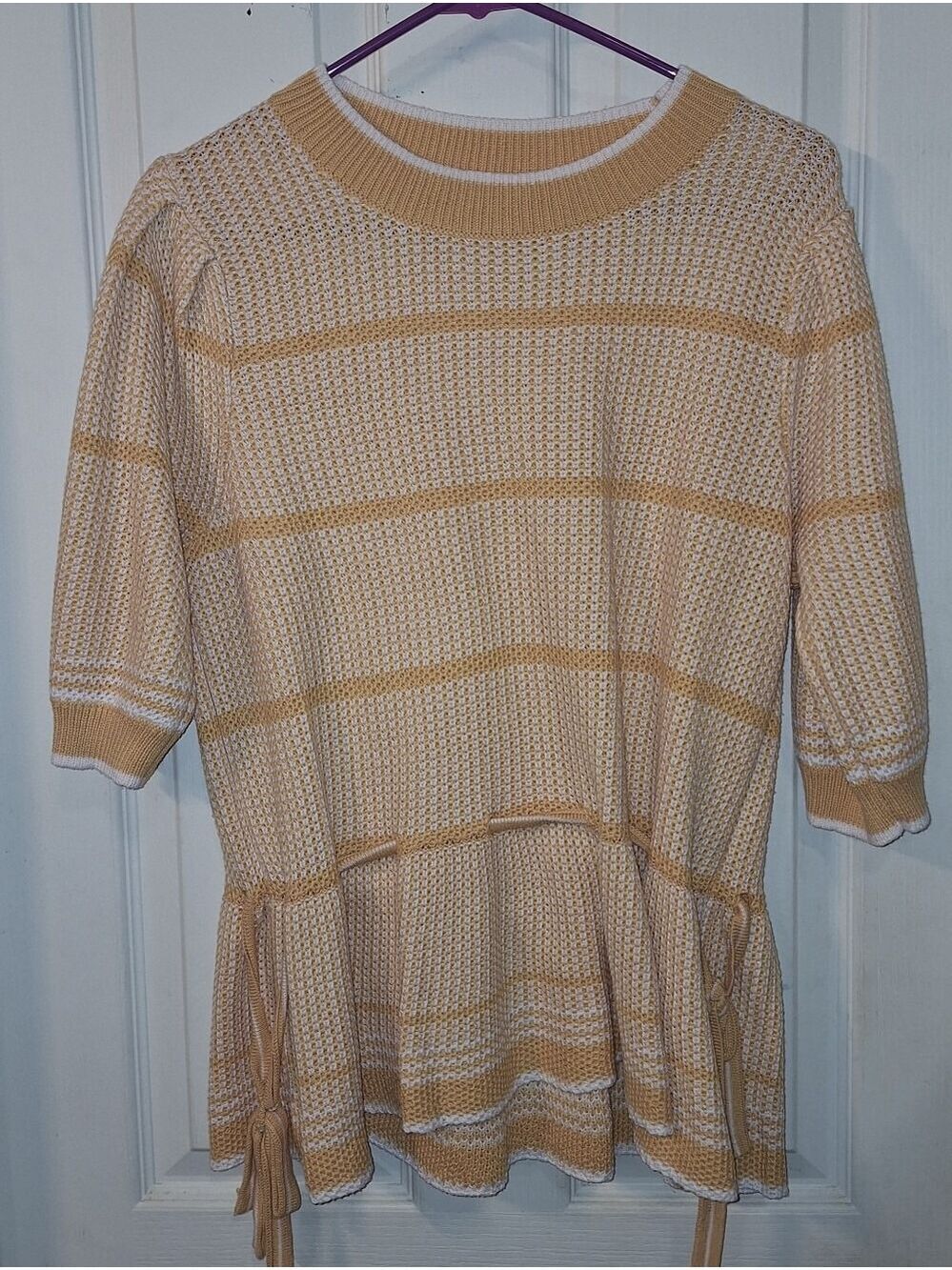 Another Love Mustard Yellow White Stripe Knit Peplum Sweater Short Sleeve